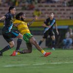 Kasey Palmer scoring for Jamaica last night against Guatemala in the Concacaf Nations League encounter at the National Stadium