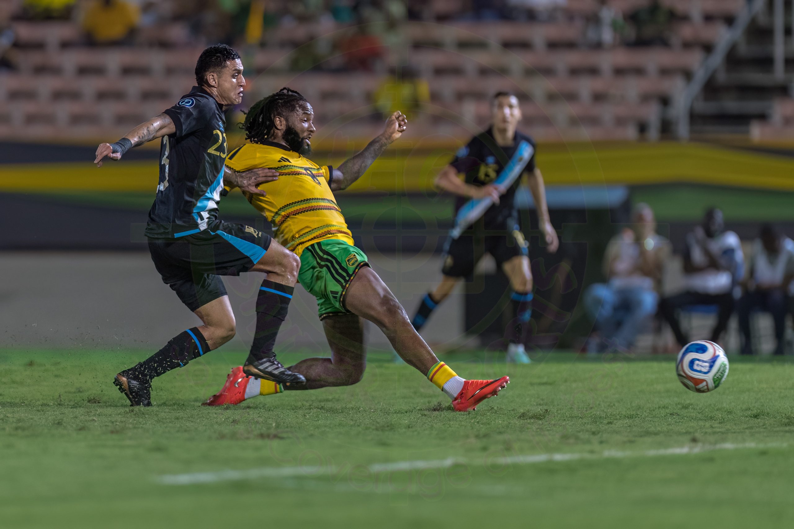 Kasey Palmer scoring for Jamaica last night against Guatemala in the Concacaf Nations League encounter at the National Stadium